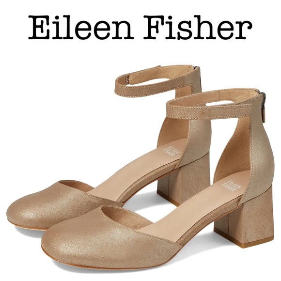Eileen Fisher Indi Platinum Block Heel Ankle Strap Shoes Size 9 1/2 - Picture 1 of 13